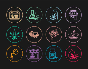 Set line Marijuana or cannabis leaf oil, Cup tea with marijuana, Shopping cart, Calendar and, seeds and Test tube icon. Vector