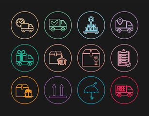 Set line Free delivery service, Verification of list, Scale with cardboard box, Plane and, Delivery truck gift, clock, fragile content and check mark icon. Vector