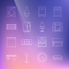 Set line Sofa, Grand piano, Window with curtains, Furniture nightstand, Shower cabin, Chest drawers, Washer and Office chair icon. Vector