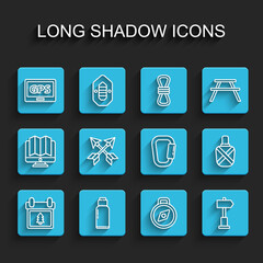 Set line Calendar with tree, Canteen water bottle, Gps device map, Compass, Road traffic signpost, Crossed arrows, and Carabiner icon. Vector