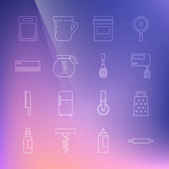 Set line Rolling pin, Grater, Electric mixer, Jam jar, Coffee pot, Air conditioner, Cutting board and Kitchen whisk icon. Vector