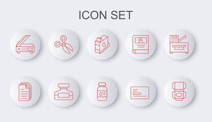 Set line Carton cardboard box, File document, Printer ink cartridge, Business, Scanner, Scissors, Ink bottle and icon. Vector