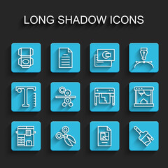 Set line Copy machine, Scissors, Carton cardboard box, File document, Paint brush, Paper roll of printing press, 3D printer and Plotter icon. Vector