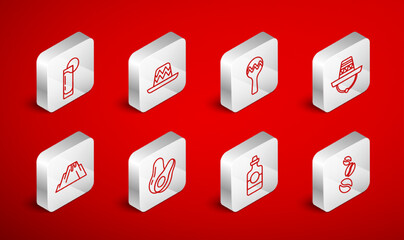 Set line Coffee beans, Mexican sombrero, Maracas, Tequila bottle, glass with lemon, Avocado fruit and Volcano eruption lava icon. Vector