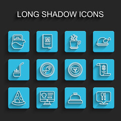 Set line Slice of pizza, Online ordering and delivery, Kettle with handle, Hotel service bell, Cafe restaurant location, Served fish plate, Paper financial check and Steak meat icon. Vector