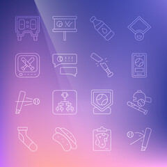 Set line Baseball bat with ball, ball, hat, Mobile baseball, Bottle of water, Speech bubble chat, Monitor game, mechanical scoreboard and Broken icon. Vector