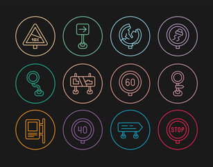 Set line Stop sign, Road traffic, Steep ascent and descent road, Speed limit and Traffic turn right icon. Vector