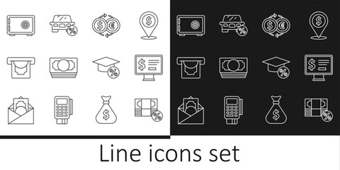 Set line Money percent, Monitor with dollar, exchange, Stacks paper money cash, ATM and, Safe, Graduation cap coin and Car leasing icon. Vector