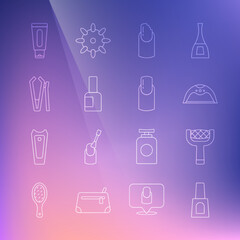 Set line Bottle of nail polish, Nail file, Manicure lamp, Broken, cutter, Tube hand cream and manicure icon. Vector