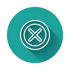 White line X Mark, Cross in circle icon isolated with long shadow. Check cross mark icon. Green circle button. Vector