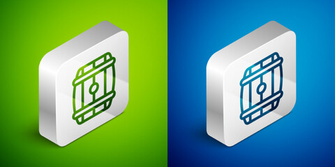 Isometric line Wooden barrel icon isolated on green and blue background. Alcohol barrel, drink container, wooden keg for beer, whiskey, wine. Silver square button. Vector