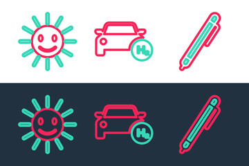 Set line Pen, Cute sun with smile and Hydrogen car icon. Vector