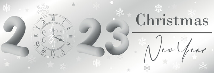 Figure 2023 with clock and text HAPPY NEW YEAR on grey background