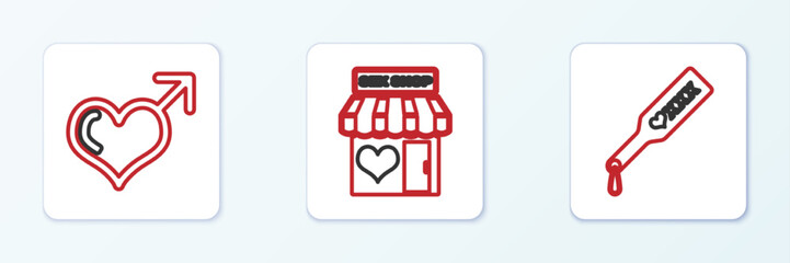 Set line Spanking paddle, Male gender and heart and Sex shop building icon. Vector