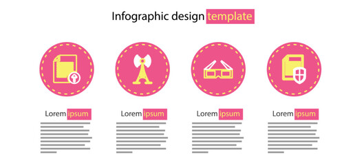 Set line 3D cinema glasses, Wheat, Antenna and Document protection icon. Vector