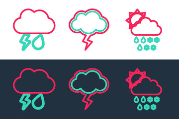 Set line Cloud with snow, rain, sun, and lightning and Storm icon. Vector