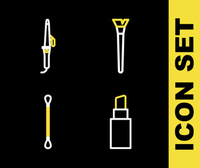 Set line Makeup brush, Lipstick, Cotton swab for ears and Curling iron icon. Vector