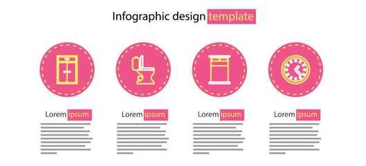 Set line Big bed, Clock, Toilet bowl and Wardrobe icon. Vector