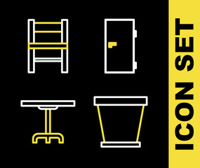 Set line Closed door, Flower pot, Round table and Chair icon. Vector