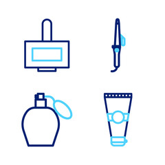 Set line Lotion cosmetic tube, Perfume, Curling iron and Nail polish bottle icon. Vector