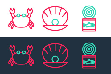Set line Canned fish, Crab and Shell with pearl icon. Vector