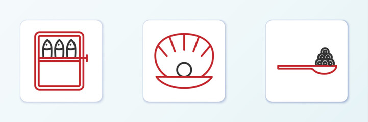 Set line Caviar on a spoon, Canned fish and Shell with pearl icon. Vector