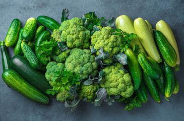 Ripe green vegetables on a graphite background. Healthy, vegetarian food. Top view, close-up