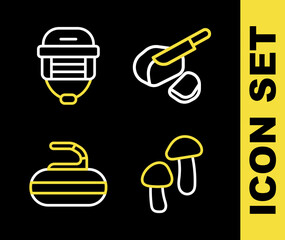 Set line Peameal bacon, Mushroom, Stone for curling and Hockey helmet icon. Vector