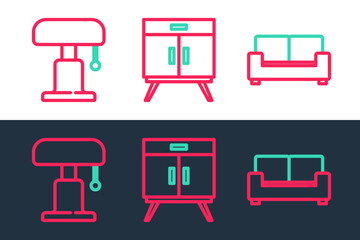 Set line Sofa, Table lamp and Chest drawers icon. Vector