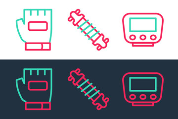 Fototapeta premium Set line Bicycle speedometer, Gloves and suspension icon. Vector
