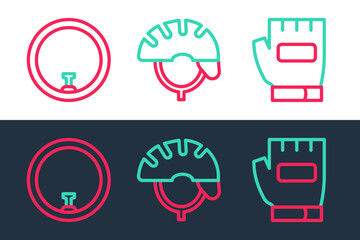 Set line Gloves, Bicycle wheel and helmet icon. Vector