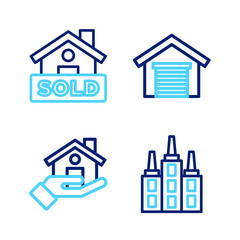 Set line Skyscraper, Realtor, Garage and Hanging sign with text Sold icon. Vector