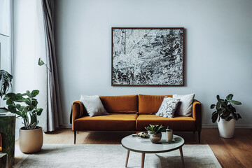 Modern composition of living room interior with brown mock up poster frame.Square wooden frame mock...