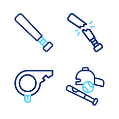 Set line Baseball bat with ball, hat, Whistle, Broken baseball and icon. Vector