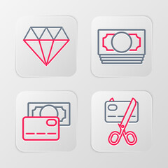 Obraz premium Set line Scissors cutting a credit card, Credit, Stacks paper money cash and Diamond icon. Vector