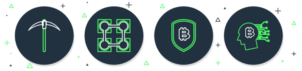 Set line Blockchain technology, Shield with bitcoin, Pickaxe and Bitcoin plant the pot icon. Vector