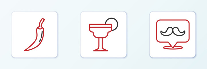 Set line Mustache, Hot chili pepper pod and Margarita cocktail icon. Vector
