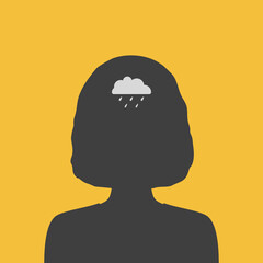 Woman with raining cloud in her head - metaphor of depression. Poster of mood disorder and mental illness.
