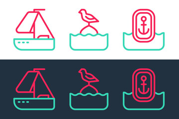 Set line Location with anchor, Yacht sailboat and Seagull sits buoy icon. Vector