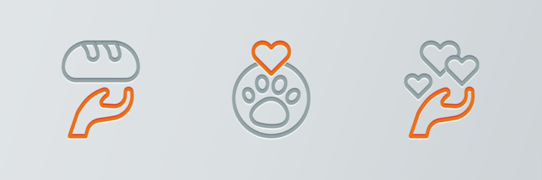 Set line Heart in hand, Donation food and with animals footprint icon. Vector
