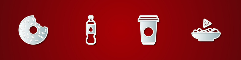 Set Donut, Bottle of water, Coffee cup and Nachos in plate icon. Vector