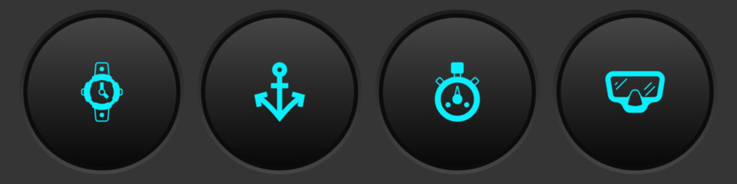 Set Diving watch, Anchor, Stopwatch and mask icon. Vector