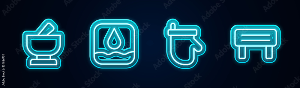 Poster set line mortar and pestle, water drop, sauna mittens and wood bench. glowing neon icon. vector