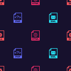 Set EML file document, PHP, HTML and DLL on seamless pattern. Vector