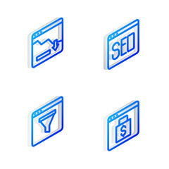 Set Isometric line SEO optimization, Financial growth decrease, Browser window and Online shopping screen icon. Vector