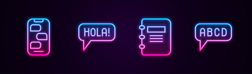 Set line New chat messages notification, Hola in different languages, Notebook and Alphabet. Glowing neon icon. Vector © vector_v