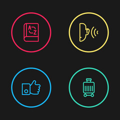 Set line Hand like, Suitcase, Ear listen sound signal and Translator book icon. Vector
