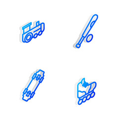 Set Isometric line Baseball bat with ball, Toy train, Skateboard and Roller skate icon. Vector