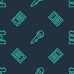 Set line Microphone, Circus ticket and Toy building block bricks on seamless pattern. Vector