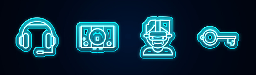Set line Headphones, Video game console, Virtual reality glasses and Ancient key for. Glowing neon icon. Vector